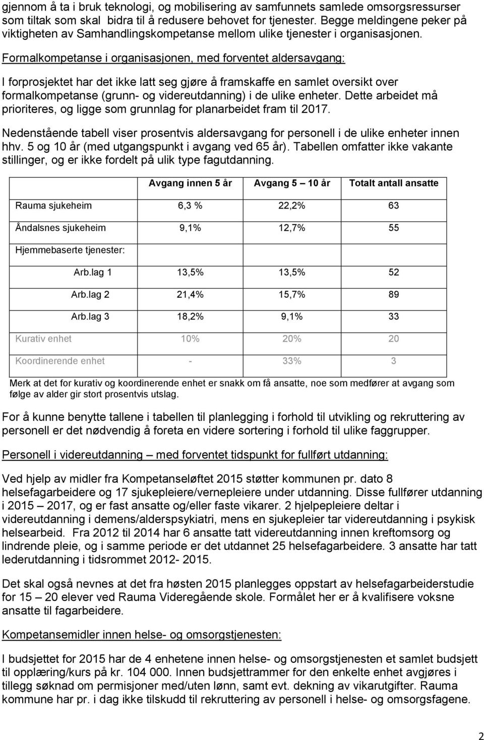 Formalkompetanse i organisasjonen, med forventet aldersavgang: I forprosjektet har det ikke latt seg gjøre å framskaffe en samlet oversikt over formalkompetanse (grunn- og videreutdanning) i de ulike