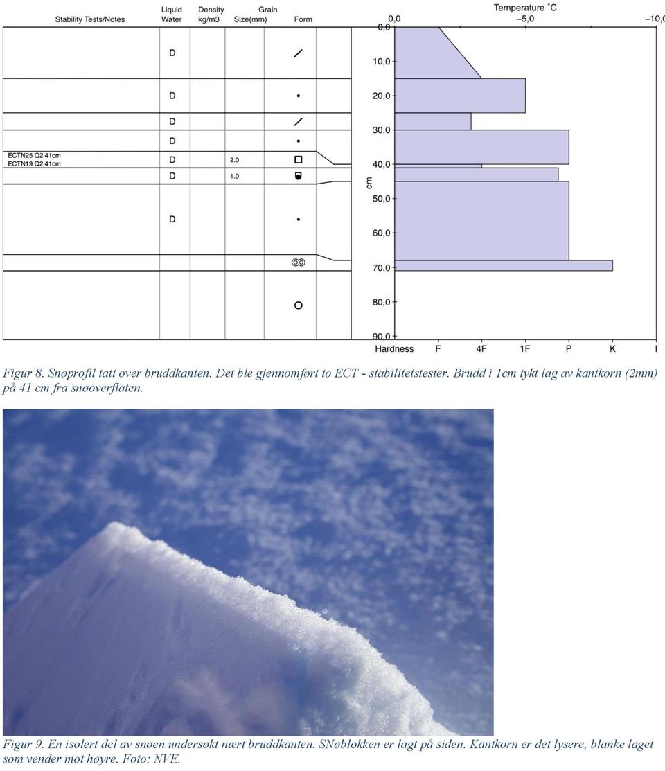 Brudd i 1cm tykt lag av kantkorn (2mm) på 41 cm fra snøoverflaten. Figur 9.