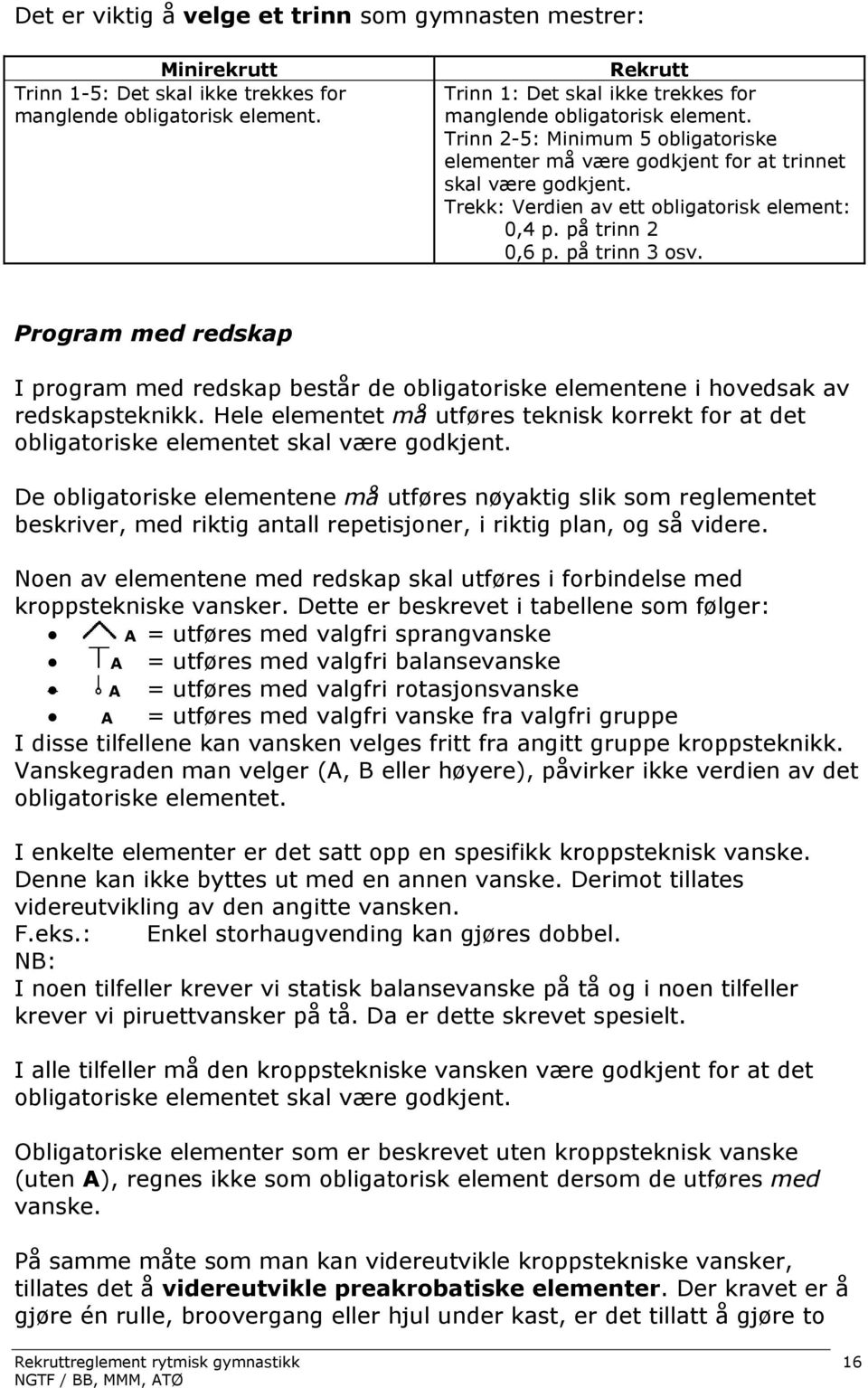 Trekk: Verdien av ett obligatorisk element: 0,4 p. på trinn 2 0,6 p. på trinn 3 osv. Program med redskap I program med redskap består de obligatoriske elementene i hovedsak av redskapsteknikk.