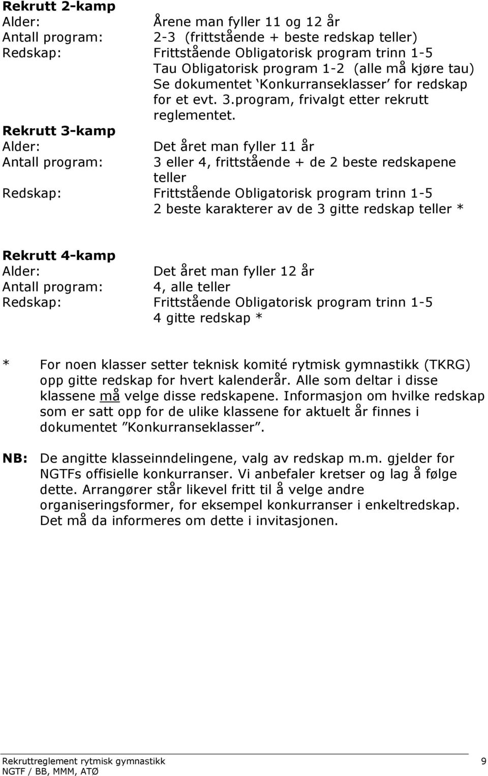 Rekrutt 3-kamp Alder: Det året man fyller 11 år Antall program: 3 eller 4, frittstående + de 2 beste redskapene teller Redskap: Frittstående Obligatorisk program trinn 1-5 2 beste karakterer av de 3