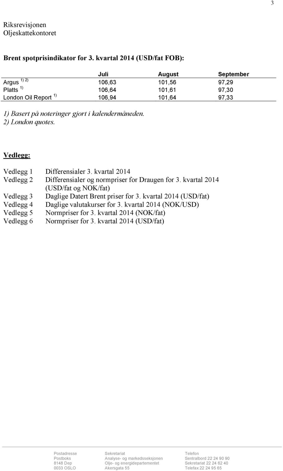 kalendermåneden. 2) London quotes. Vedlegg: Vedlegg 1 Differensialer 3. kvartal 2014 Vedlegg 2 Differensialer og normpriser for Draugen for 3.