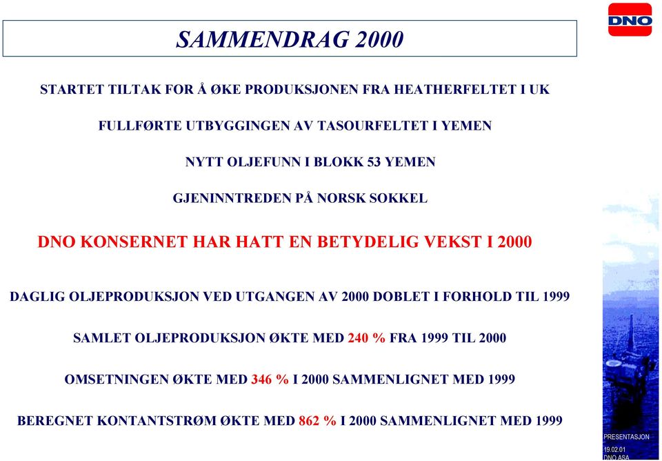 DAGLIG OLJEPRODUKSJON VED UTGANGEN AV 2000 DOBLET I FORHOLD TIL 1999 SAMLET OLJEPRODUKSJON ØKTE MED 240 % FRA 1999 TIL