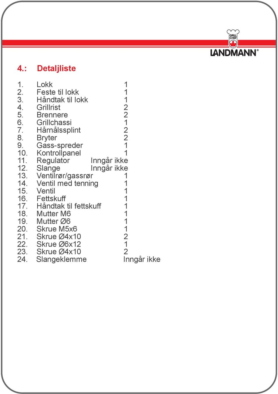 Ventilrør/gassrør 1 14. Ventil med tenning 1 15. Ventil 1 16. Fettskuff 1 17. Håndtak til fettskuff 1 18.