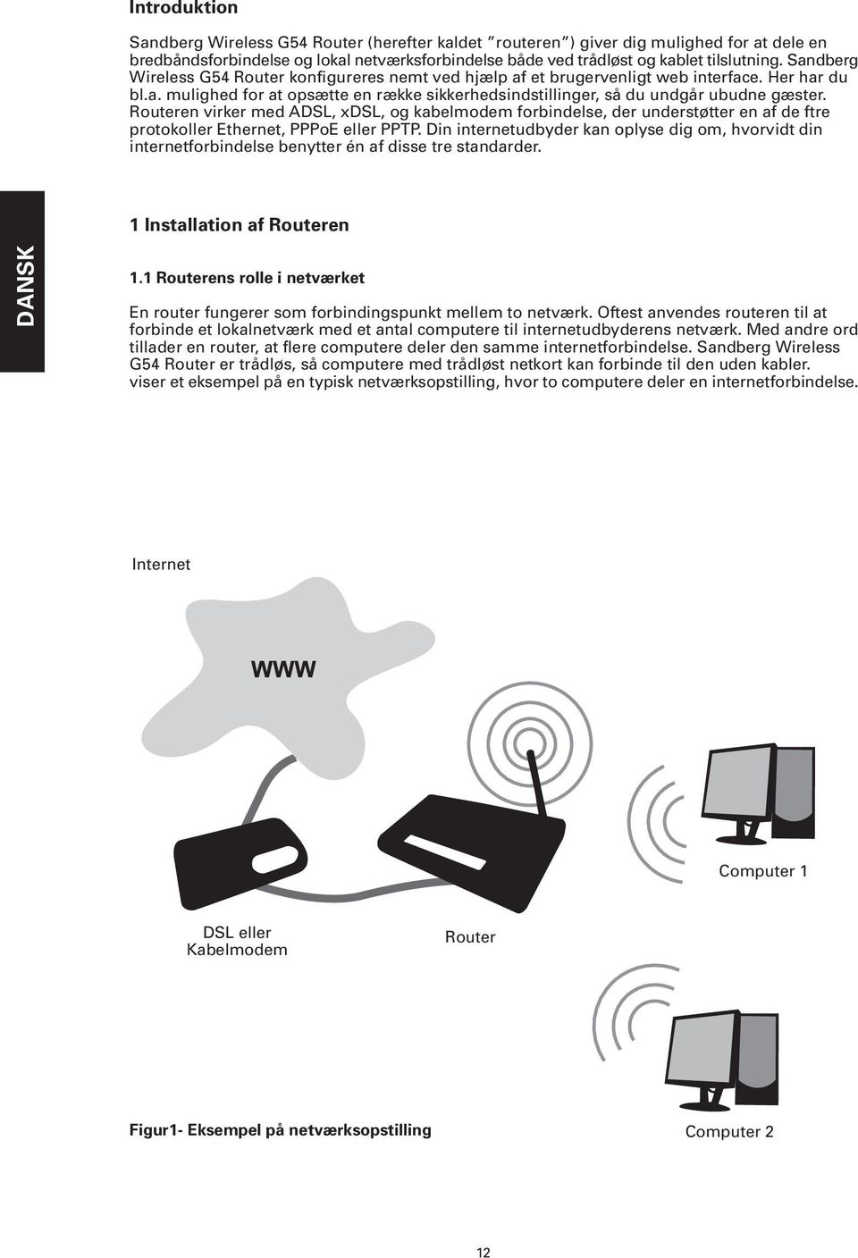 Routeren virker med ADSL, xdsl, og kabelmodem forbindelse, der understøtter en af de ftre protokoller Ethernet, PPPoE eller PPTP.