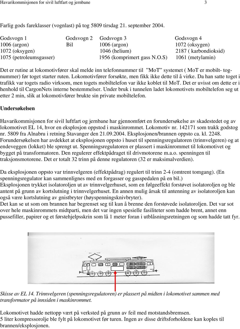 S) 1061 (metylamin) Det er rutine at lokomotivfører skal melde inn telefonnummer til MoT systemet ( MoT er mobilt- tognummer) før toget starter ruten.