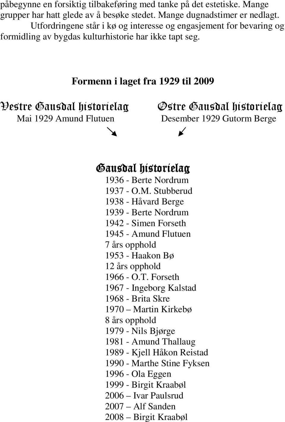 Formenn i laget fra 1929 til 2009 Vestre Gausdal historielag Ma