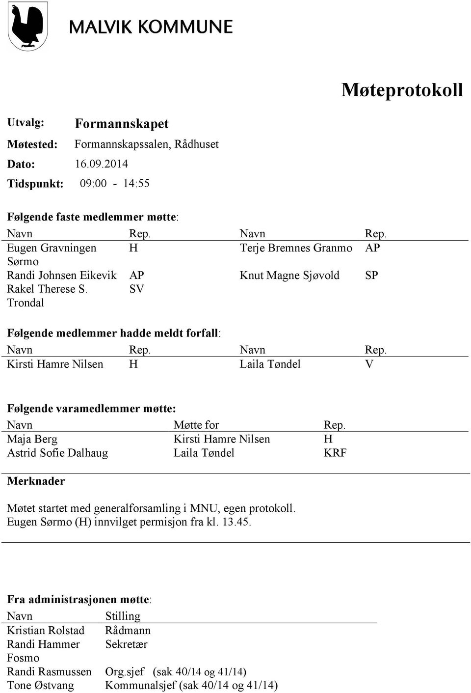 Navn Rep. Kirsti Hamre Nilsen H Laila Tøndel V Følgende varamedlemmer møtte: Navn Møtte for Rep.