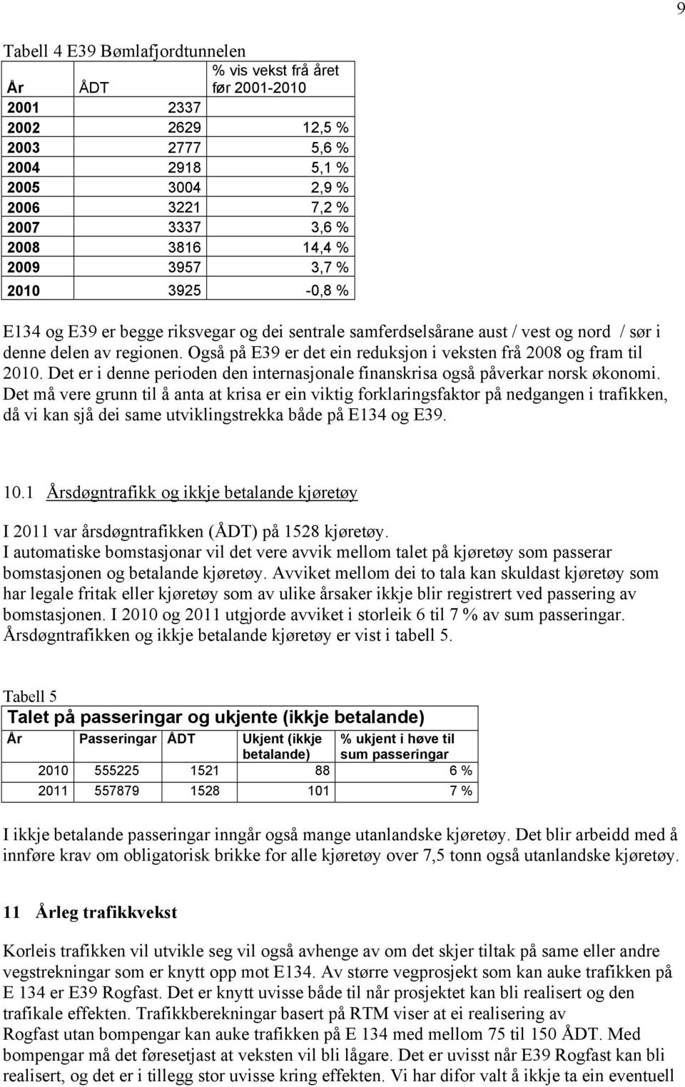 Også på E39 er det ein reduksjon i veksten frå 2008 og fram til 2010. Det er i denne perioden den internasjonale finanskrisa også påverkar norsk økonomi.