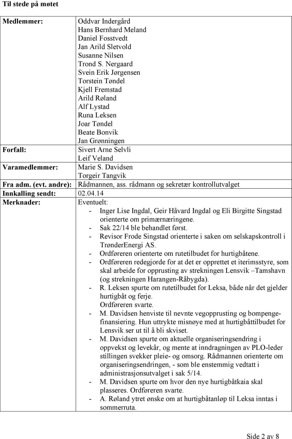 Davidsen Torgeir Tangvik Fra adm. (evt. andre): Rådmannen, ass. rådmann og sekretær kontrollutvalget Innkalling sendt: 02.04.