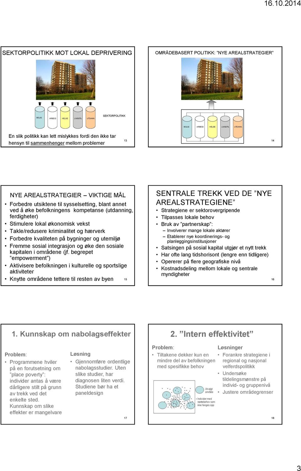 befolkningens kompetanse (utdanning, ferdigheter) Stimulere lokal økonomisk vekst Takle/redusere kriminalitet og hærverk Forbedre kvaliteten på bygninger og utemiljø Fremme sosial integrasjon og øke