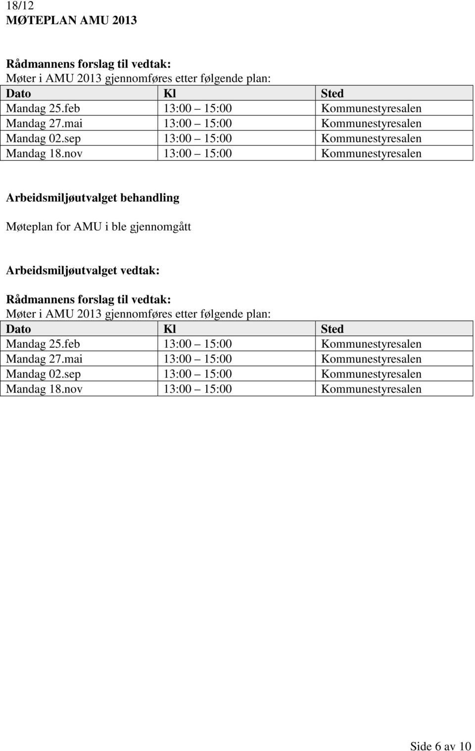 nov 13:00 15:00 Kommunestyresalen Arbeidsmiljøutvalget behandling Møteplan for AMU i ble gjennomgått Møter i AMU 2013 gjennomføres etter følgende