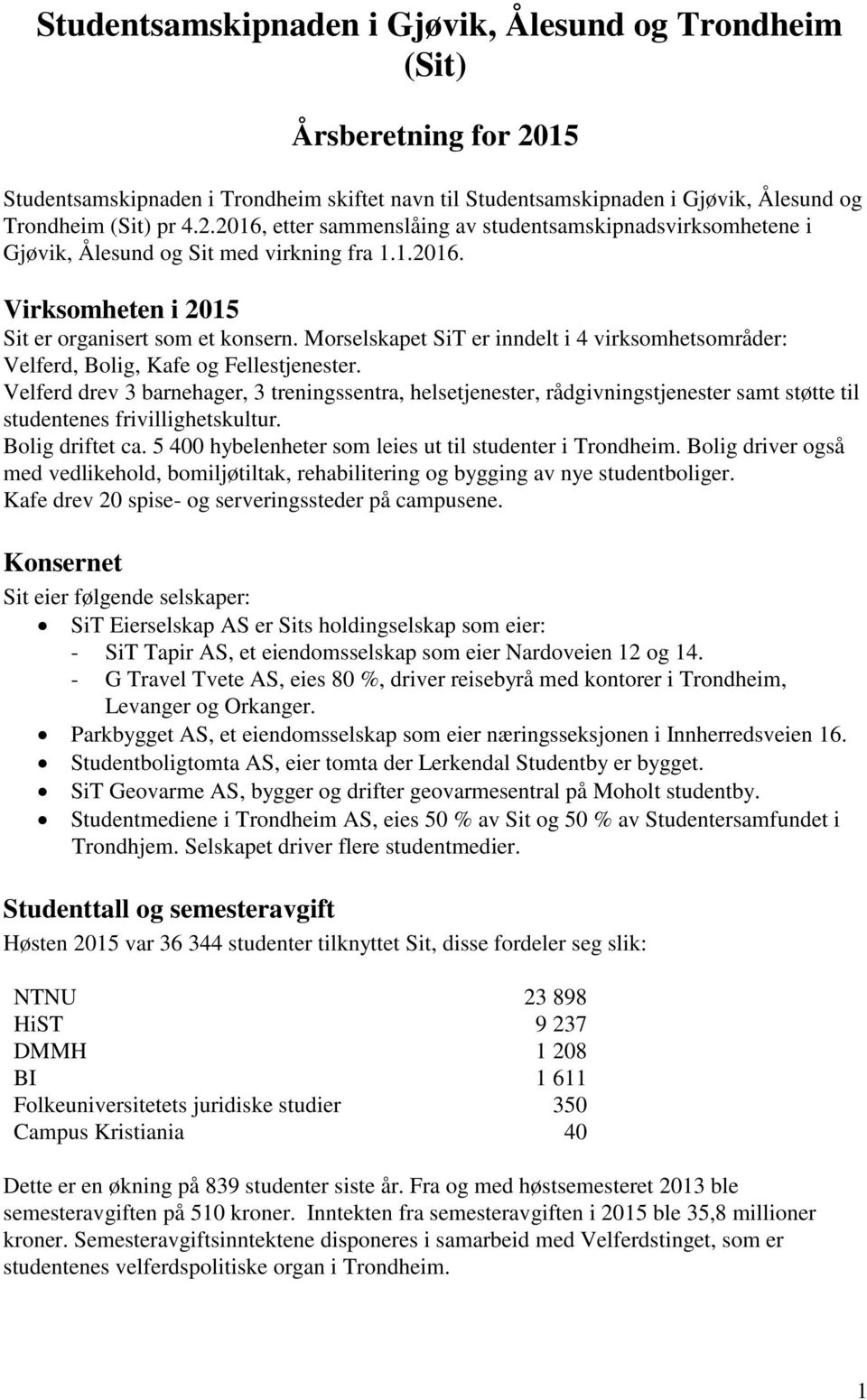 Velferd drev 3 barnehager, 3 treningssentra, helsetjenester, rådgivningstjenester samt støtte til studentenes frivillighetskultur. Bolig driftet ca.