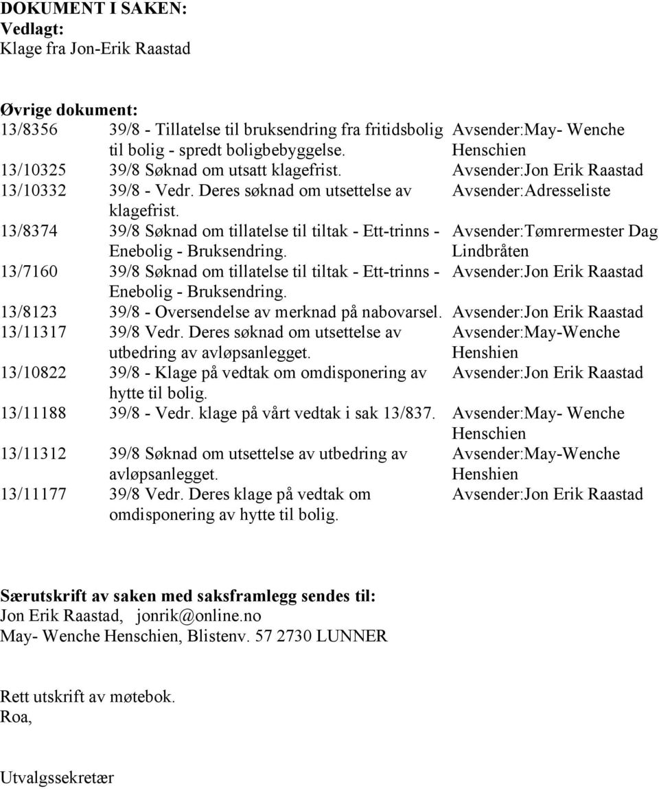 13/8374 39/8 Søknad om tillatelse til tiltak - Ett-trinns - Avsender:Tømrermester Dag Enebolig - Bruksendring.