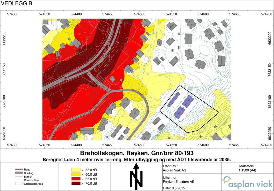 574600 Brøholtskogen, Røyken. Gnr/bnr 80/193 Beregnet Lden 4 meter over terreng.