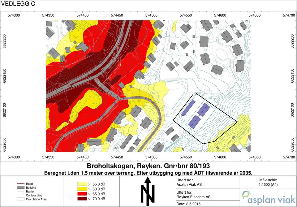 574600 Brøholtskogen, Røyken. Gnr/bnr 80/193 Beregnet Lden 1,5 meter over terreng.