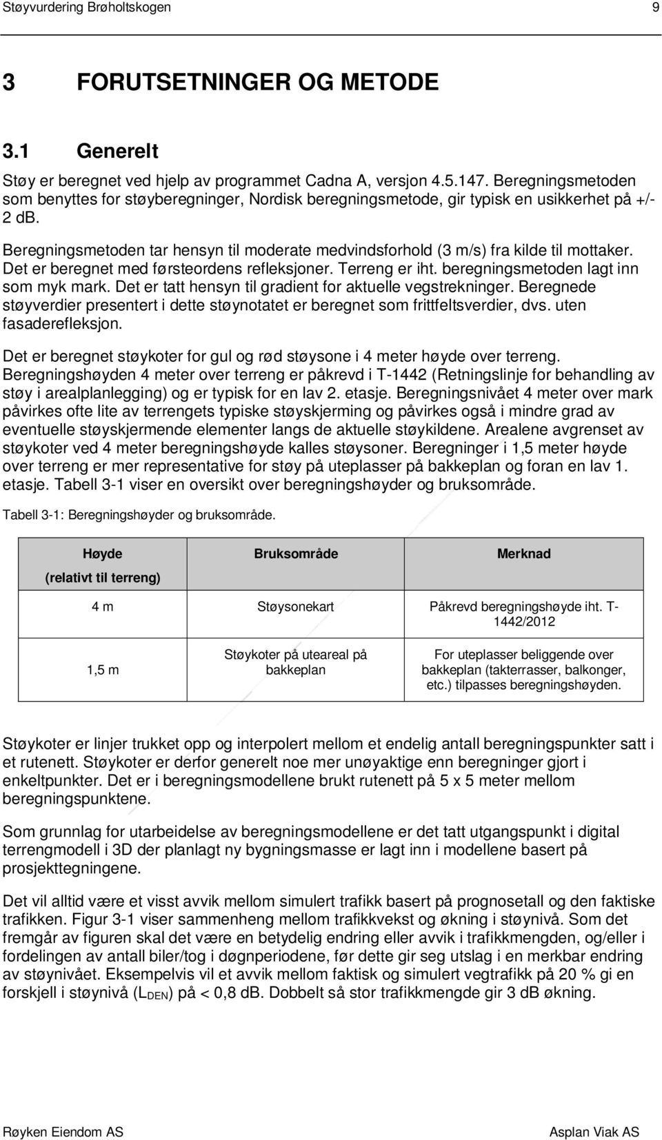 Beregningsmetoden tar hensyn til moderate medvindsforhold (3 m/s) fra kilde til mottaker. Det er beregnet med førsteordens refleksjoner. Terreng er iht. beregningsmetoden lagt inn som myk mark.