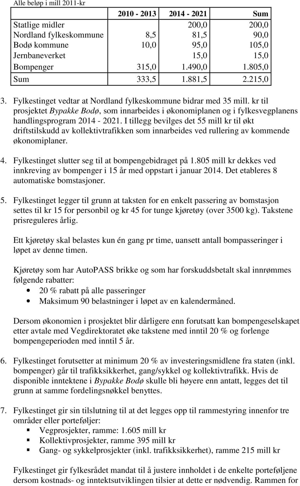 kr til prosjektet Bypakke Bodø, som innarbeides i økonomiplanen og i fylkesvegplanens handlingsprogram 2014-2021.