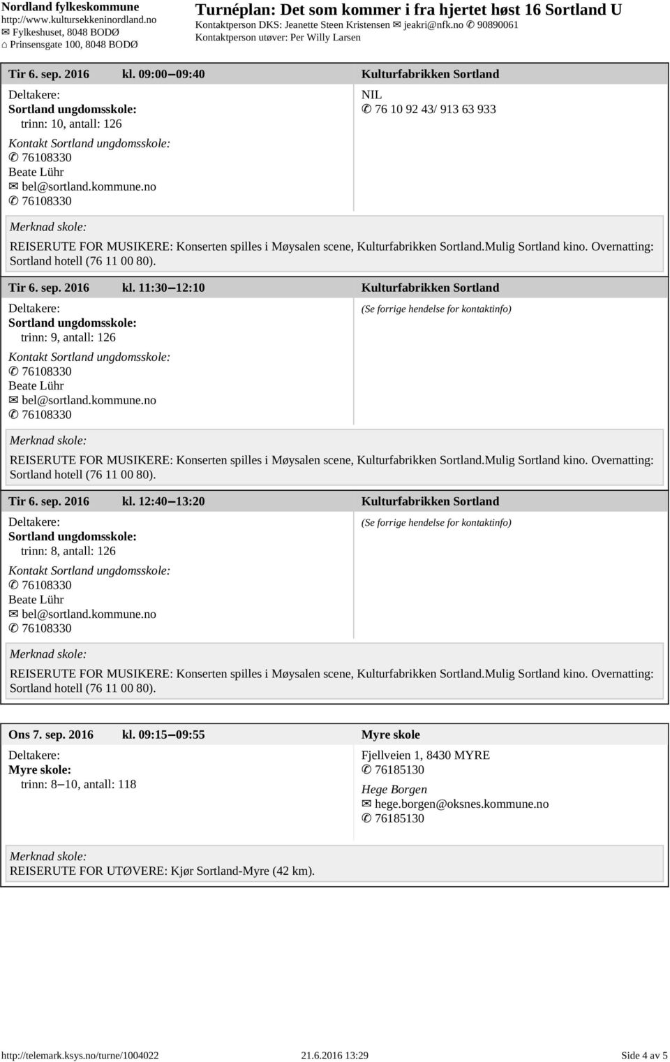 borgen@oksnes.kommune.no 76185130 REISERUTE FOR UTØVERE: Kjør Sortland-Myre (42 km). http://telemark.ksys.no/turne/1004022 21.6.2016 13:29 Side 4 av 5