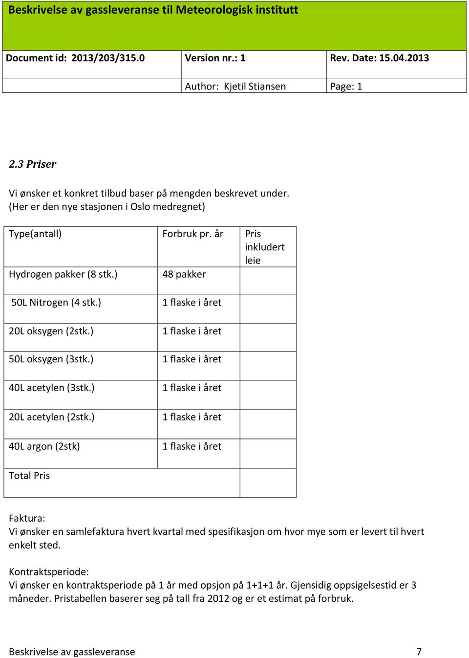 ) 40L argon (2stk) Total Pris Faktura: Vi ønsker en samlefaktura hvert kvartal med spesifikasjon om hvor mye som er levert til hvert enkelt sted.