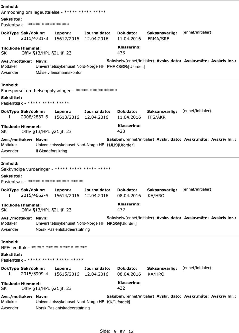 måte: Avskriv lnr.: Mottaker HJLK/[fordelt] f Skadeforsikring Sakkyndige vurderinger - ***** ***** ***** ***** 2015/4662-4 15614/2016 Avs./mottaker: Navn: Saksbeh. Avskr. dato: Avskr.