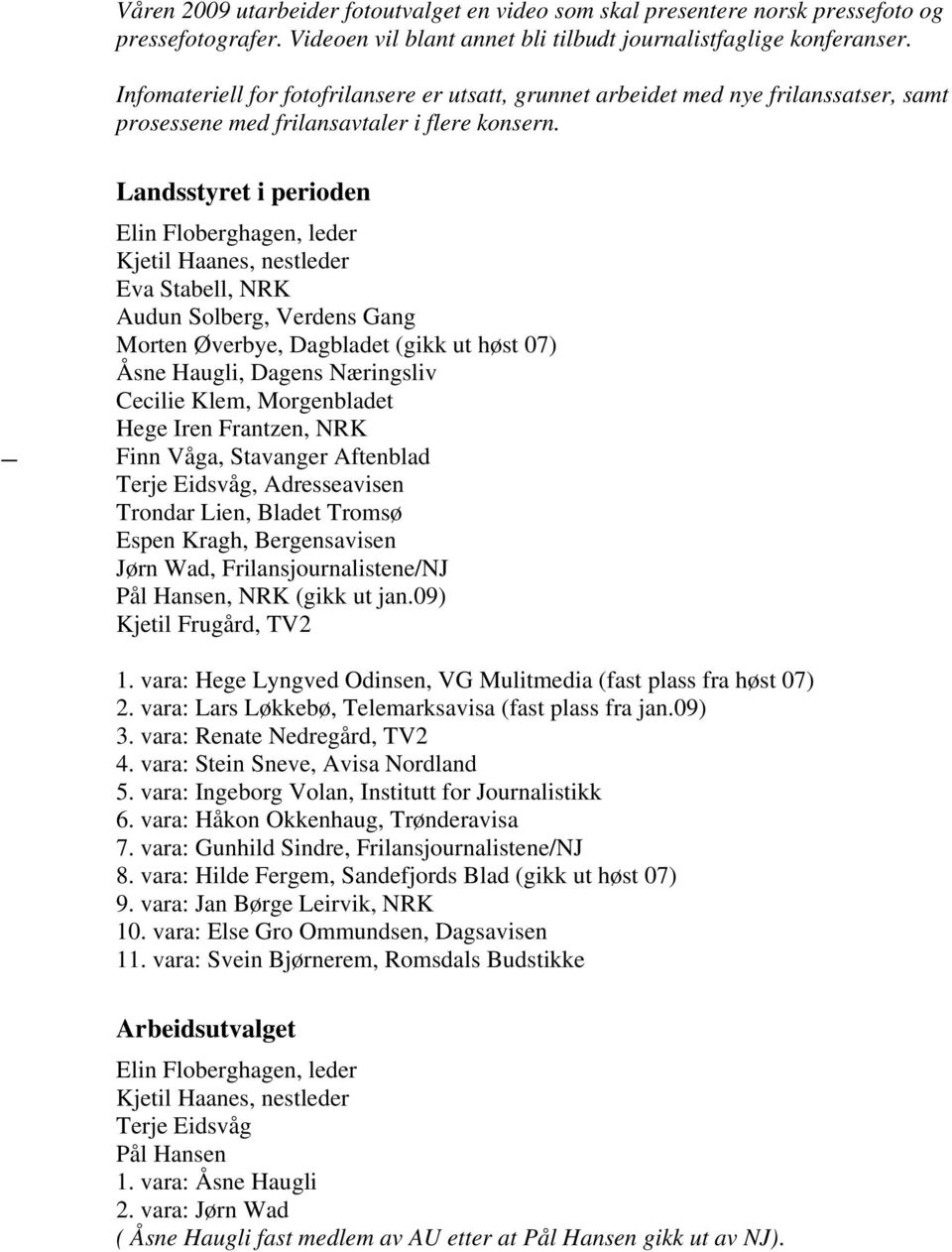 Landsstyret i perioden Elin Floberghagen, leder Kjetil Haanes, nestleder Eva Stabell, NRK Audun Solberg, Verdens Gang Morten Øverbye, Dagbladet (gikk ut høst 07) Åsne Haugli, Dagens Næringsliv