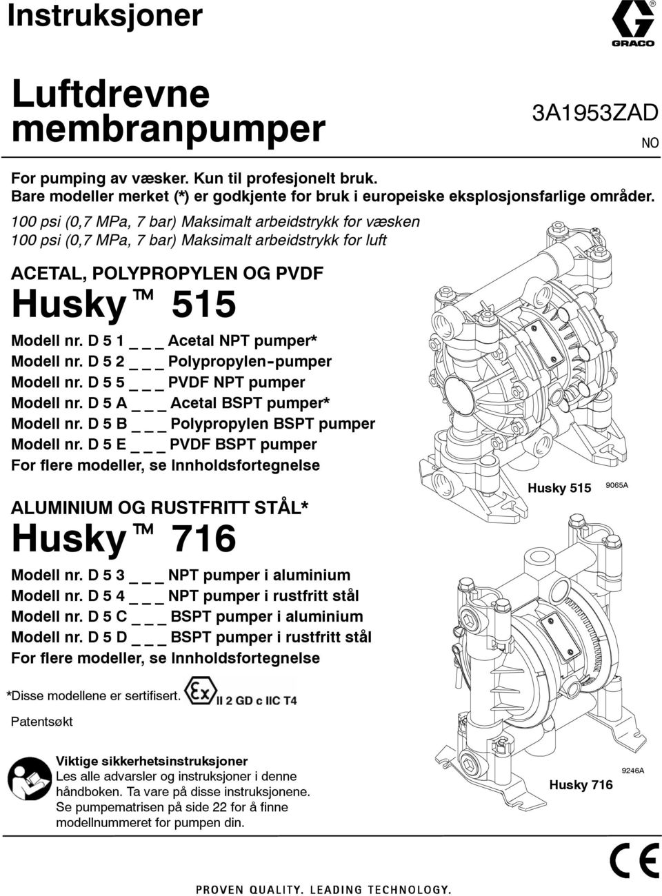 5 Polypropylen-pumper Modellnr.55 PVFNPTpumper Modellnr.5A AcetalBSPTpumper* Modellnr.5B PolypropylenBSPTpumper Modell nr.