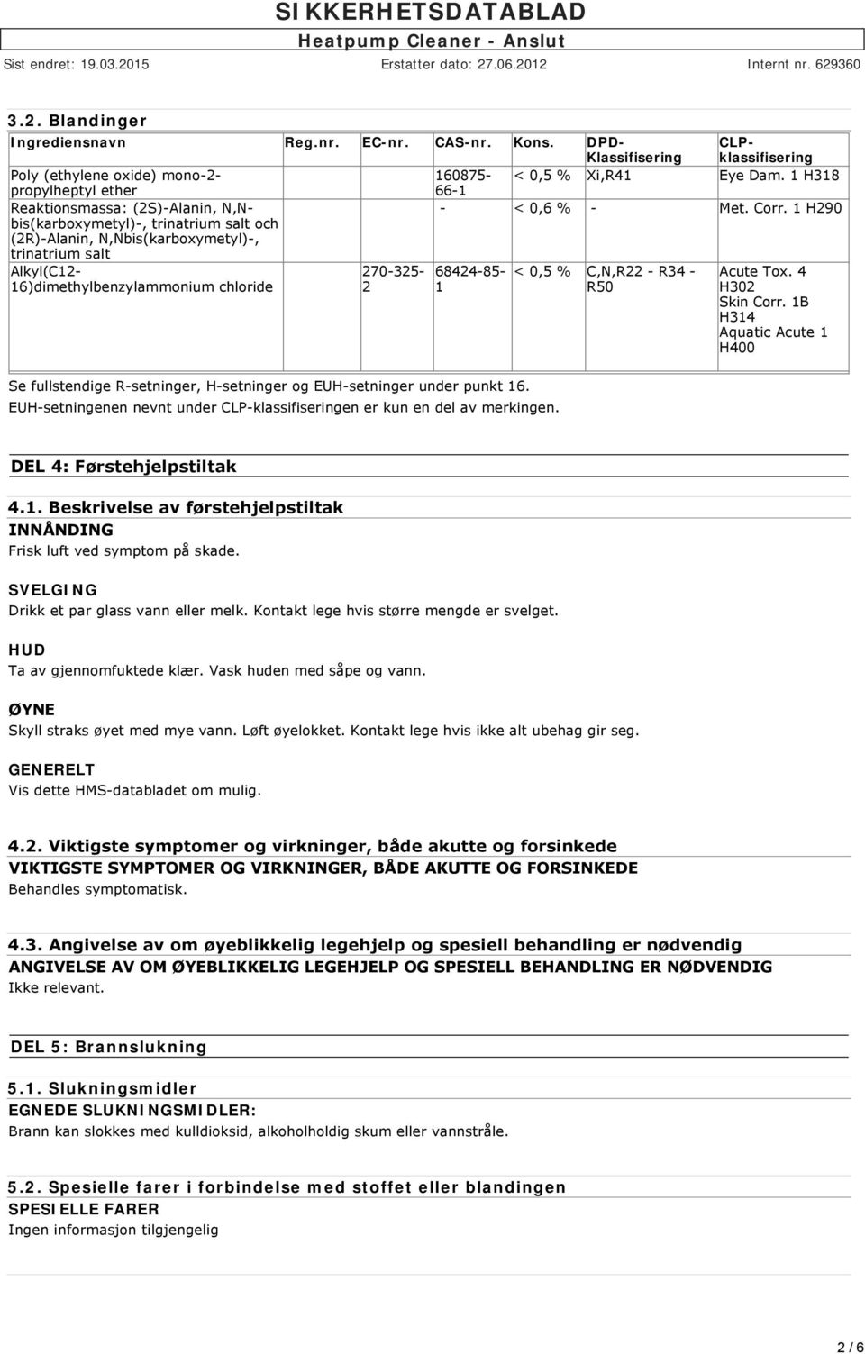 1 H290 trinatrium salt och (2R)-Alanin, N,Nbis(karboxymetyl)-, trinatrium salt Alkyl(C12-16)dimethylbenzylammonium chloride 270-325- 2 68424-85- 1 < 0,5 % C,N,R22 - R34 - R50 Acute Tox.