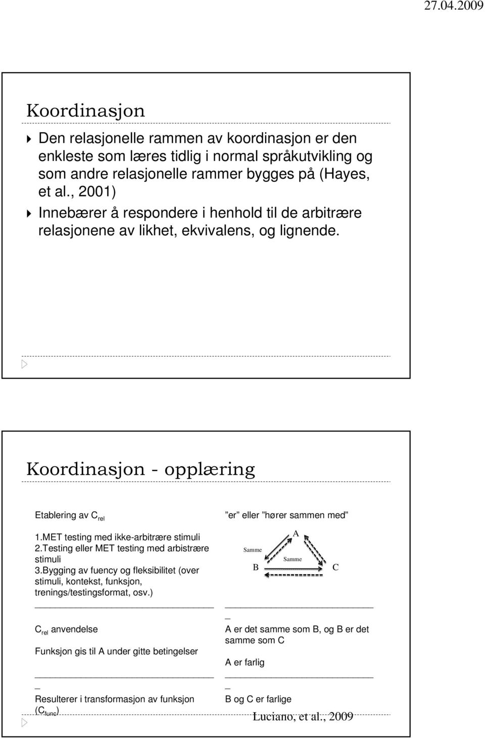 MET testing med ikke-arbitrære stimuli 2.Testing eller MET testing med arbistrære stimuli 3.Bygging av fuency og fleksibilitet (over stimuli, kontekst, funksjon, trenings/testingsformat, osv.