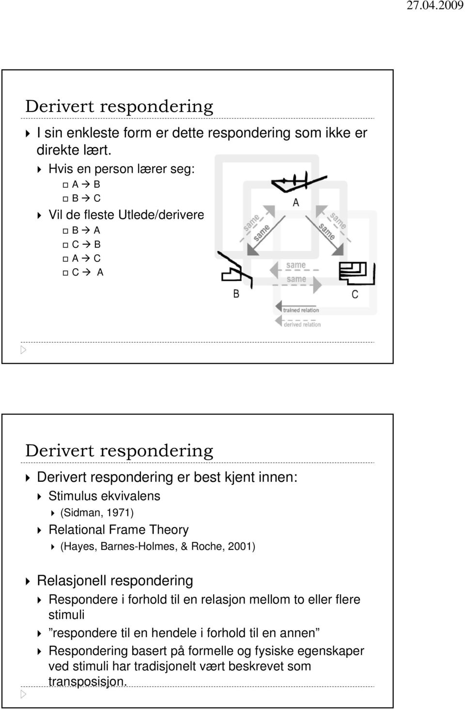 Stimulus ekvivalens (Sidman, 1971) Relational Frame Theory (Hayes, Barnes-Holmes, & Roche, 2001) Relasjonell respondering Respondere i forhold til