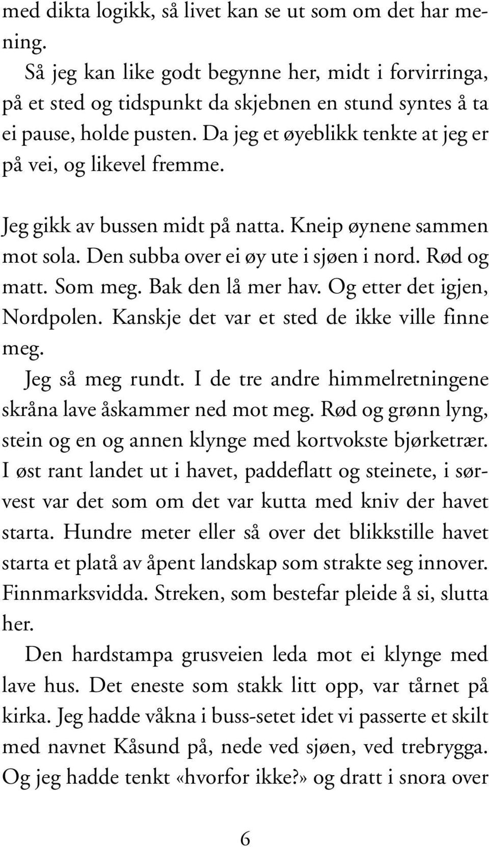 Bak den lå mer hav. Og etter det igjen, Nordpolen. Kanskje det var et sted de ikke ville finne meg. Jeg så meg rundt. I de tre andre himmelretningene skråna lave åskammer ned mot meg.