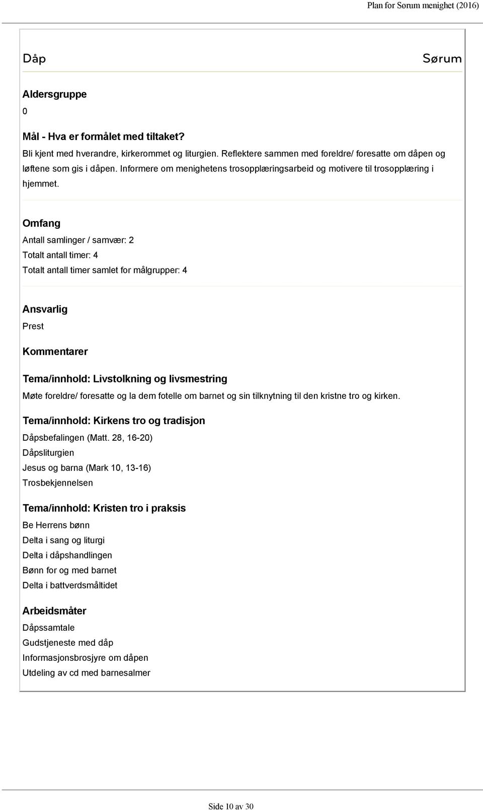 Antall samlinger / samvær: 2 Totalt antall timer: 4 Totalt antall timer samlet for målgrupper: 4 Prest Møte foreldre/ foresatte og la dem fotelle om barnet og sin tilknytning til den