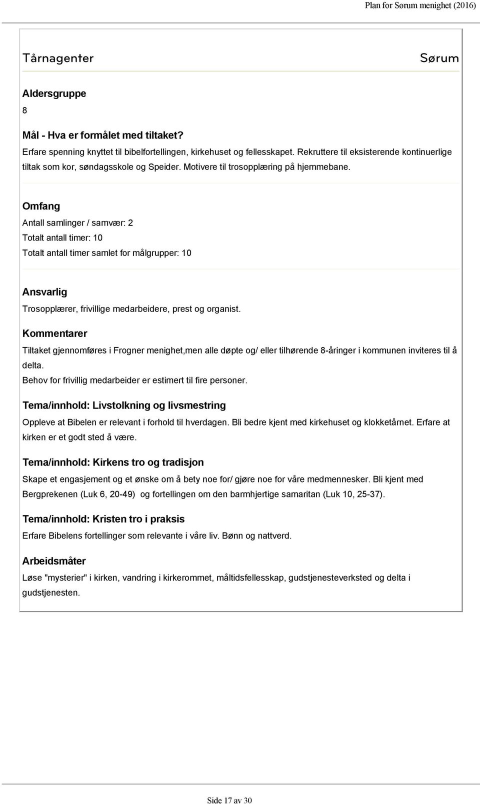 Tiltaket gjennomføres i Frogner menighet,men alle døpte og/ eller tilhørende 8-åringer i kommunen inviteres til å delta. Behov for frivillig medarbeider er estimert til fire personer.