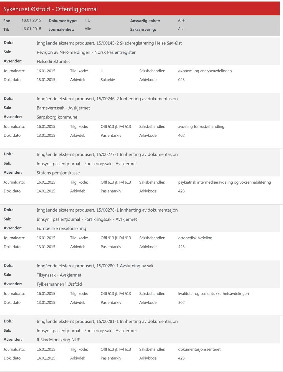 2015 Arkivdel: Pasientarkiv Arkivkode: 402 Inngående eksternt produsert, 15/00277-1 Innhenting av dokumentasjon Statens pensjonskasse psykiatrisk intermediæravdeling og voksenhabilitering Dok.