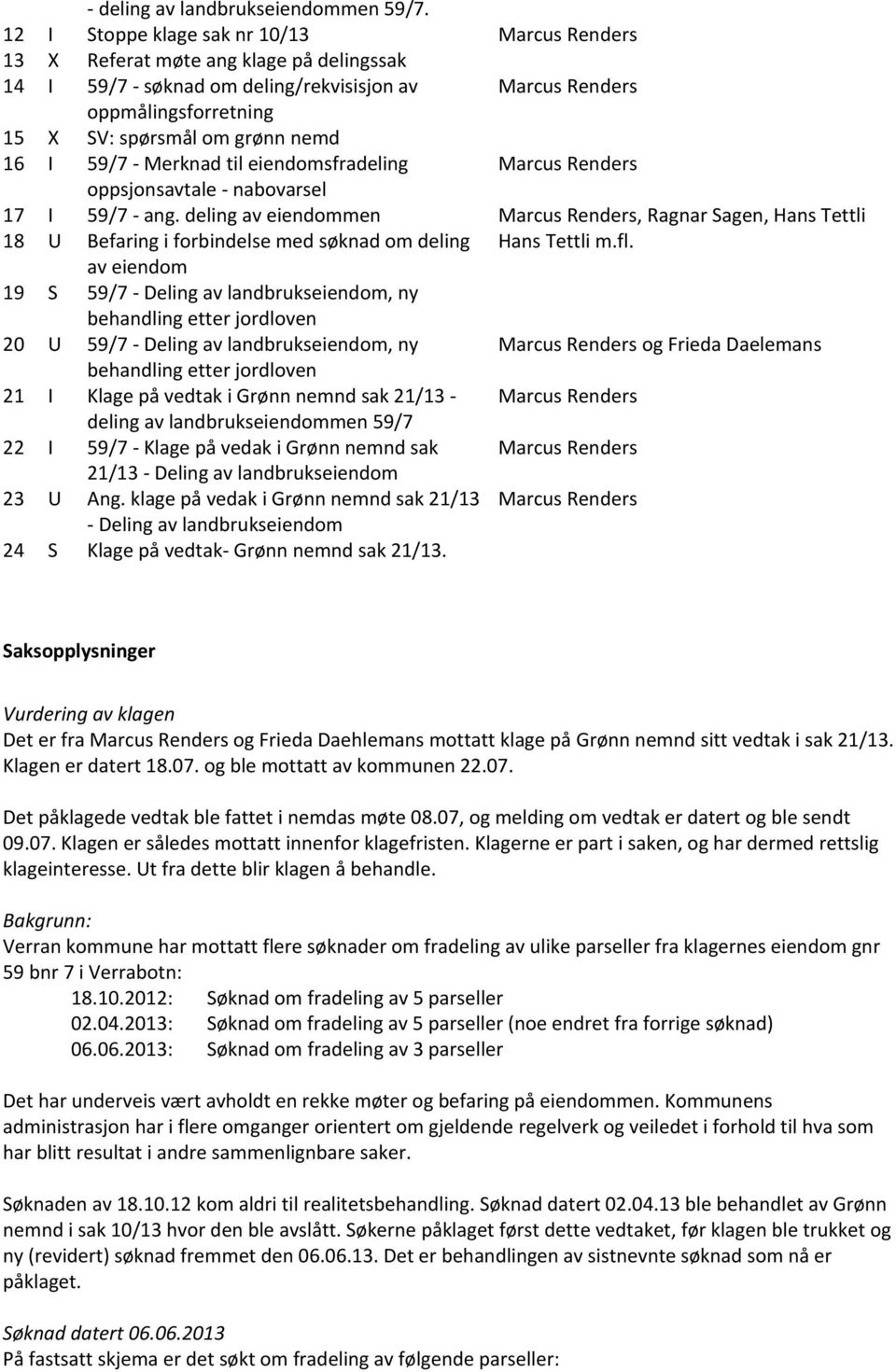 16 I 59/7 - Merknad til eiendomsfradeling Marcus Renders oppsjonsavtale - nabovarsel 17 I 59/7 - ang.