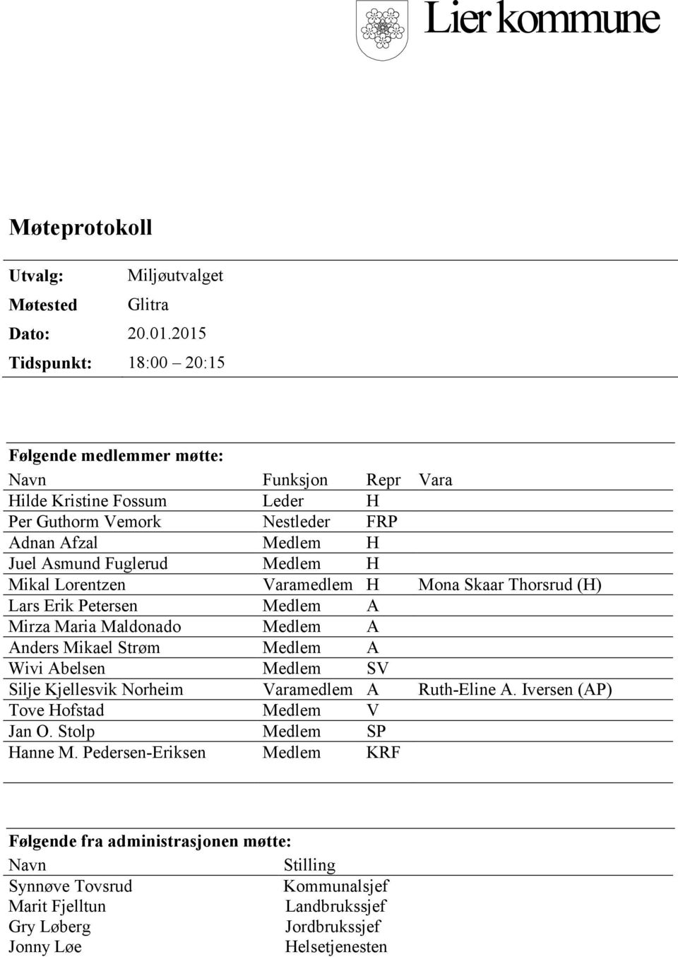 Medlem H Mikal Lorentzen Varamedlem H Mona Skaar Thorsrud (H) Lars Erik Petersen Medlem A Mirza Maria Maldonado Medlem A Anders Mikael Strøm Medlem A Wivi Abelsen Medlem SV Silje