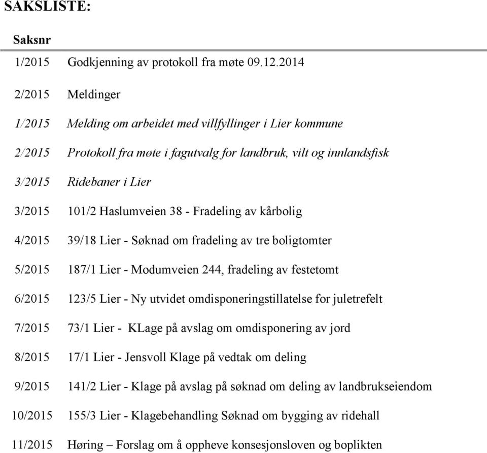 Haslumveien 38 - Fradeling av kårbolig 4/2015 39/18 Lier - Søknad om fradeling av tre boligtomter 5/2015 187/1 Lier - Modumveien 244, fradeling av festetomt 6/2015 123/5 Lier - Ny utvidet