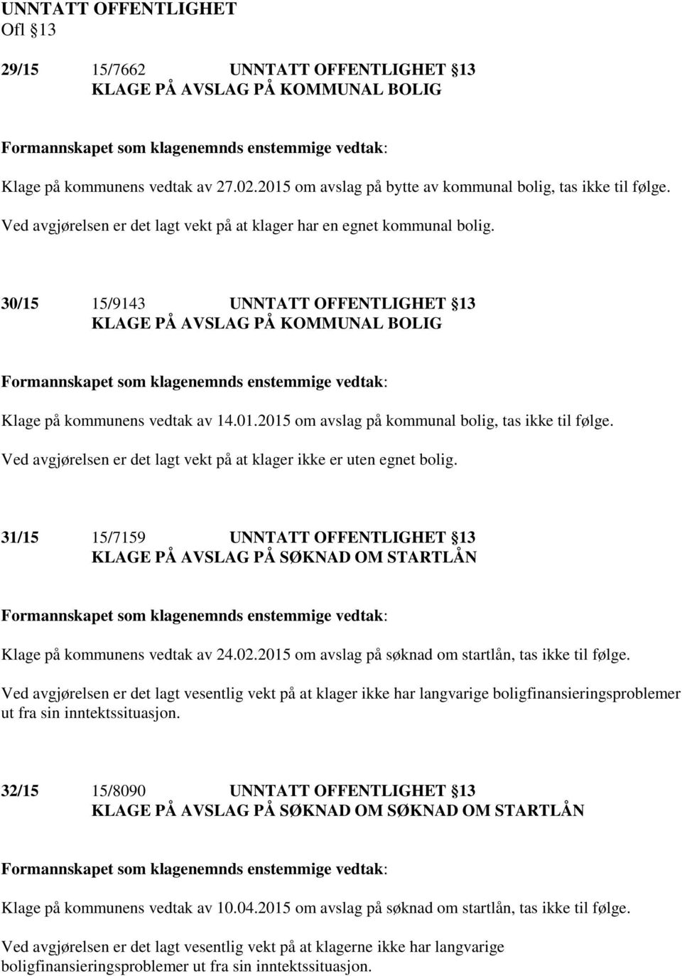 2015 om avslag på kommunal bolig, tas ikke til følge. Ved avgjørelsen er det lagt vekt på at klager ikke er uten egnet bolig.