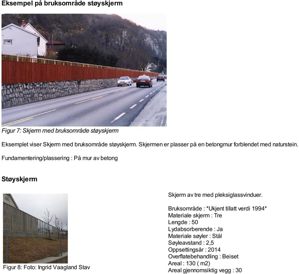Fundamentering/plassering : På mur av betong Støyskjerm Skjerm av tre med pleksiglassvinduer.