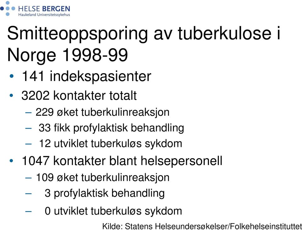 tuberkuløs sykdom 1047 kontakter blant helsepersonell 109 øket tuberkulinreaksjon 3