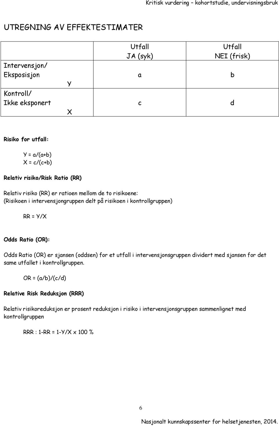 Y/X Odds Ratio (OR): Odds Ratio (OR) er sjansen (oddsen) for et utfall i intervensjonsgruppen dividert med sjansen for det same utfallet i kontrollgruppen.