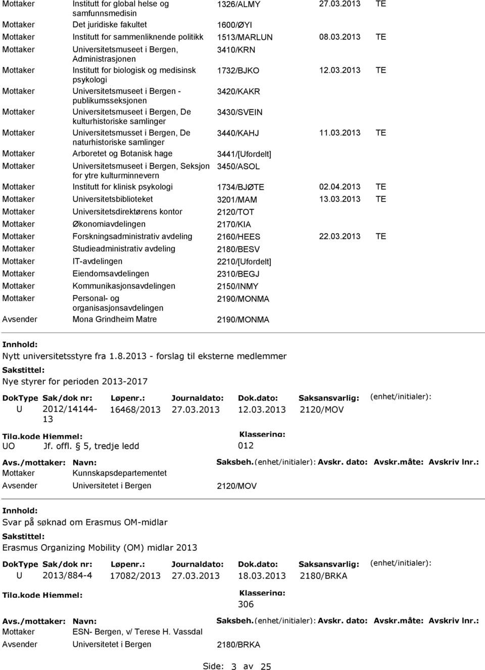 2013 TE psykologi Mottaker niversitetsmuseet i Bergen - 3420/KAKR publikumsseksjonen Mottaker niversitetsmuseet i Bergen, De 3430/SVEI kulturhistoriske samlinger Mottaker niversitetsmusset i Bergen,