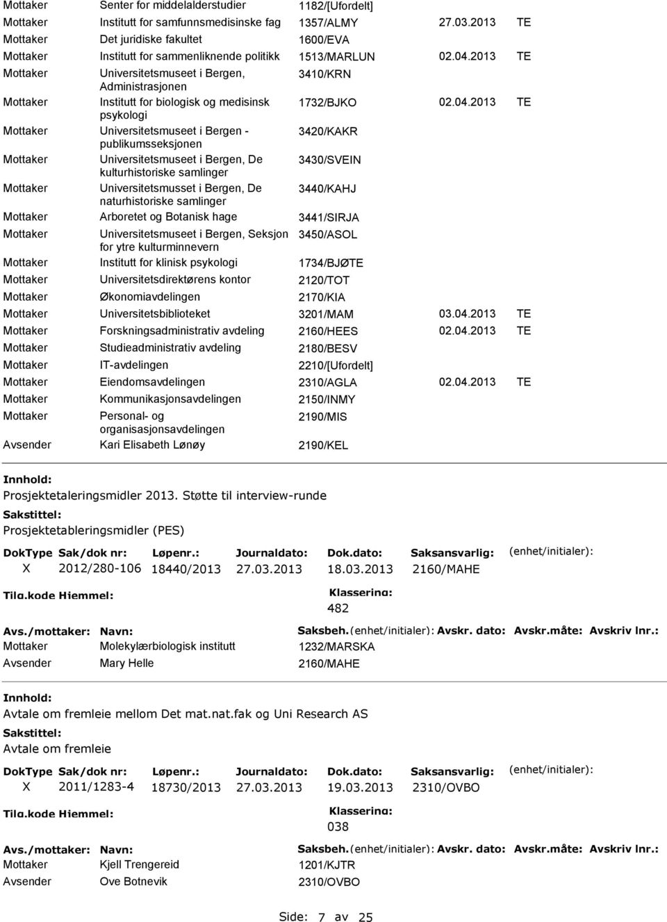 2013 TE Mottaker niversitetsmuseet i Bergen, 3410/KR Administrasjonen Mottaker Institutt for biologisk og medisinsk 1732/BJKO 02.04.