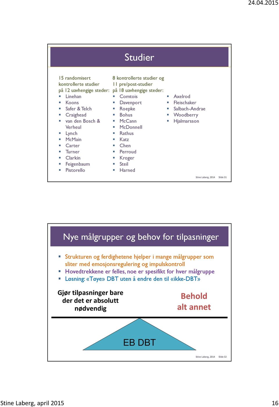 Woodberry Hjalmarsson Stine Laberg, 2014 Slide 31 Nye målgrupper og behov for tilpasninger Strukturen og ferdighetene hjelper i mange målgrupper som sliter med emosjonsregulering og impulskontroll