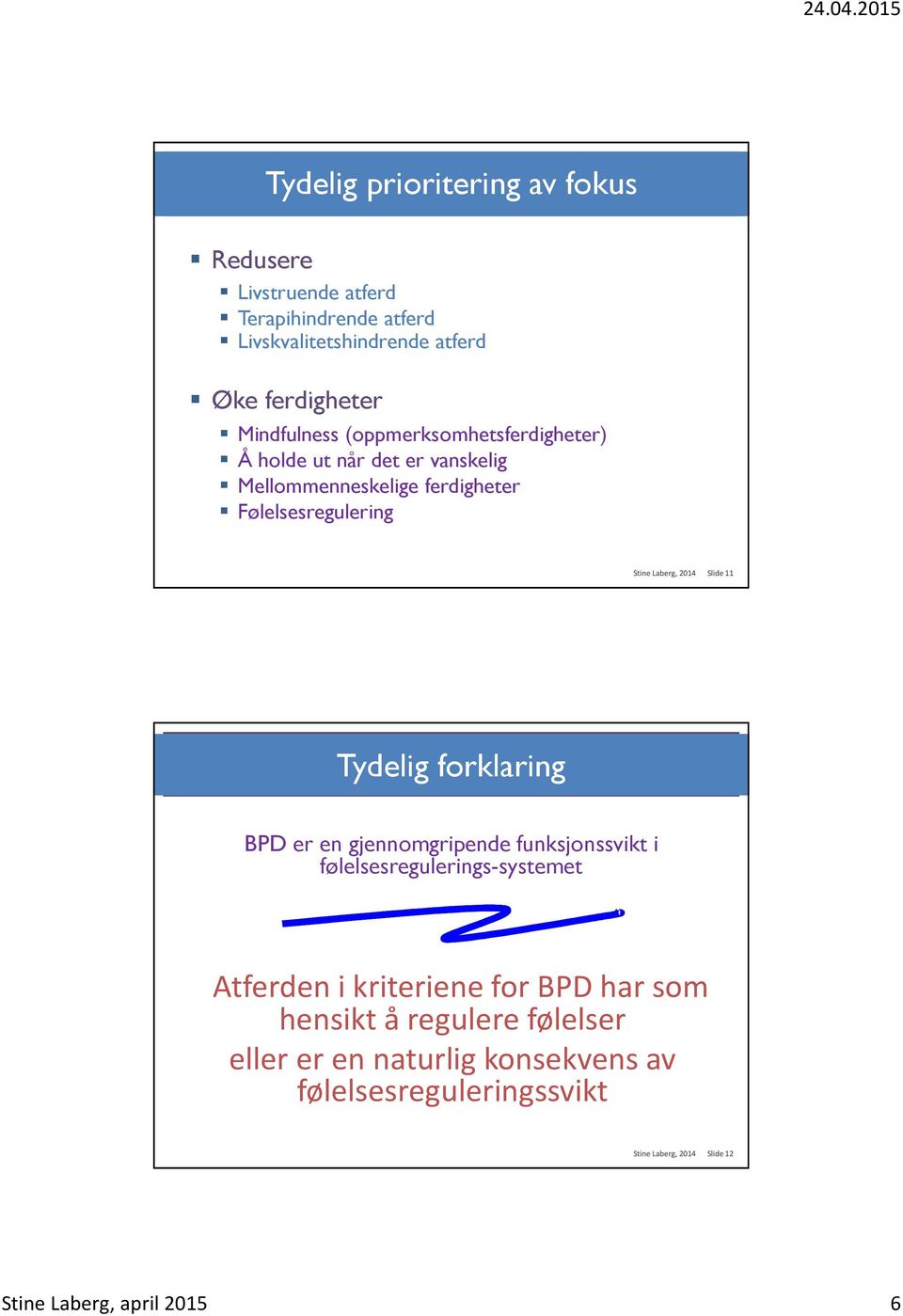 2014 Slide 11 Tydelig forklaring BPD er en gjennomgripende funksjonssvikt i følelsesregulerings-systemet Atferden i kriteriene for BPD