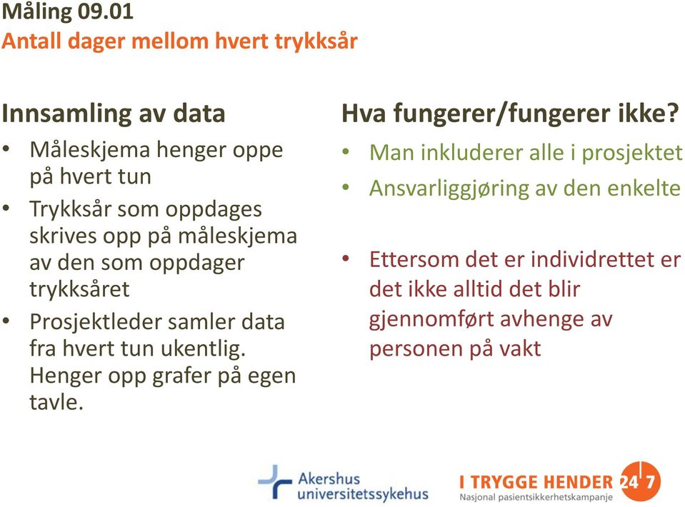 oppdages skrives opp på måleskjema av den som oppdager trykksåret Prosjektleder samler data fra hvert tun