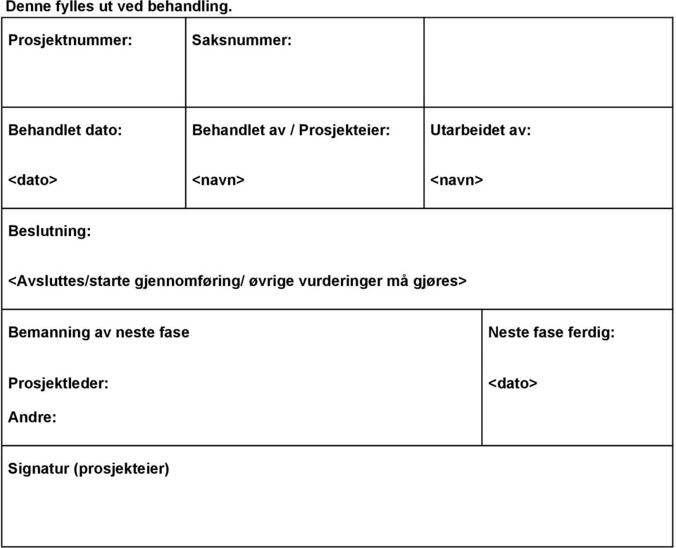 Utarbeidet av: <dato> <navn> <navn> Beslutning: <Avsluttes/starte