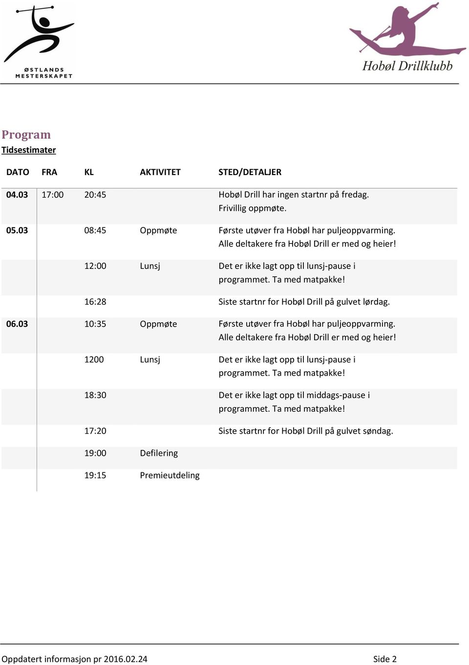 16:28 Siste startnr for Hobøl Drill på gulvet lørdag. 06.03 10:35 Oppmøte Første utøver fra Hobøl har puljeoppvarming. Alle deltakere fra Hobøl Drill er med og heier!