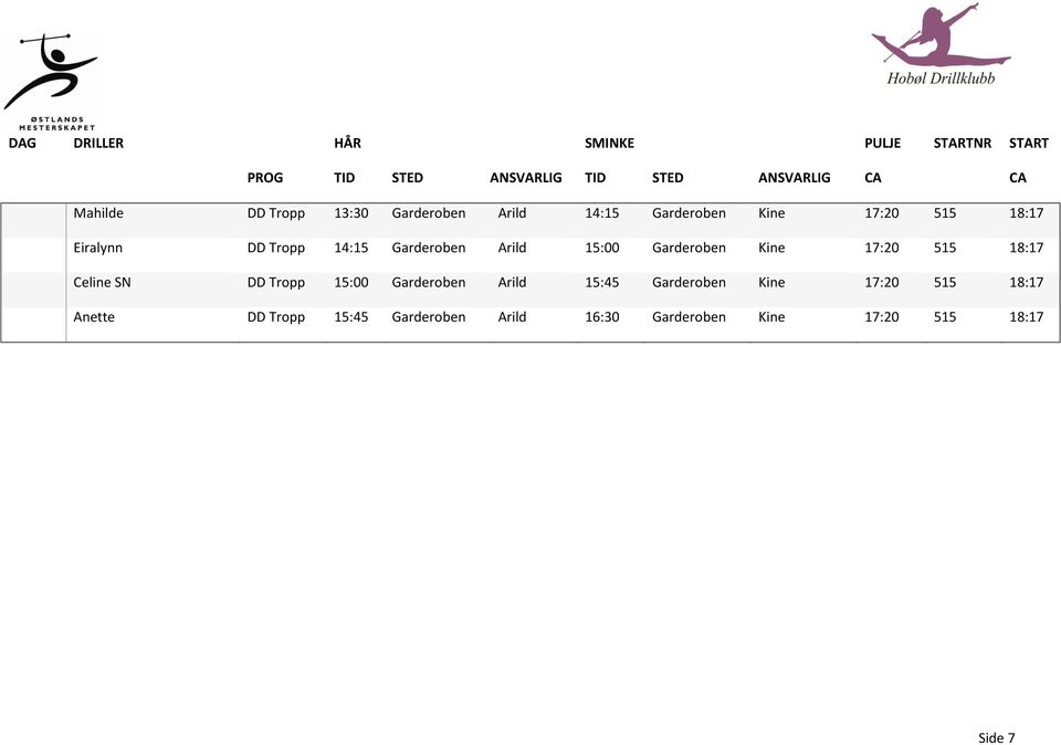 Arild 15:00 Garderoben Kine 17:20 515 18:17 Celine SN DD Tropp 15:00 Garderoben Arild 15:45 Garderoben