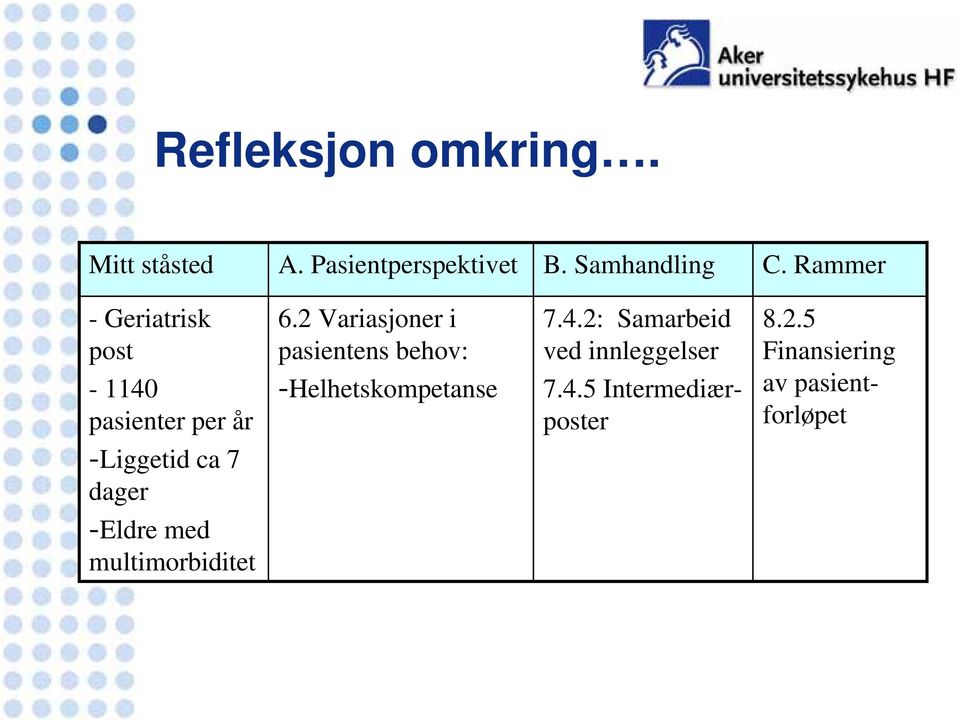 2 Variasjoner i pasientens behov: -Helhetskompetanse 7.4.