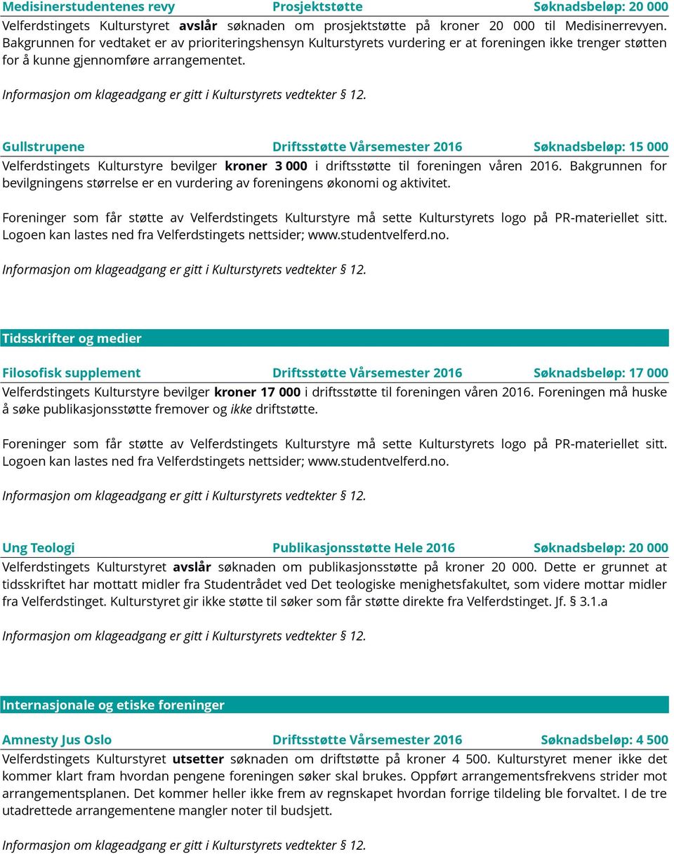 Gullstrupene Driftsstøtte Vårsemester 2016 Søknadsbeløp: 15 000 Velferdstingets Kulturstyre bevilger kroner 3 000 i driftsstøtte til foreningen våren 2016.